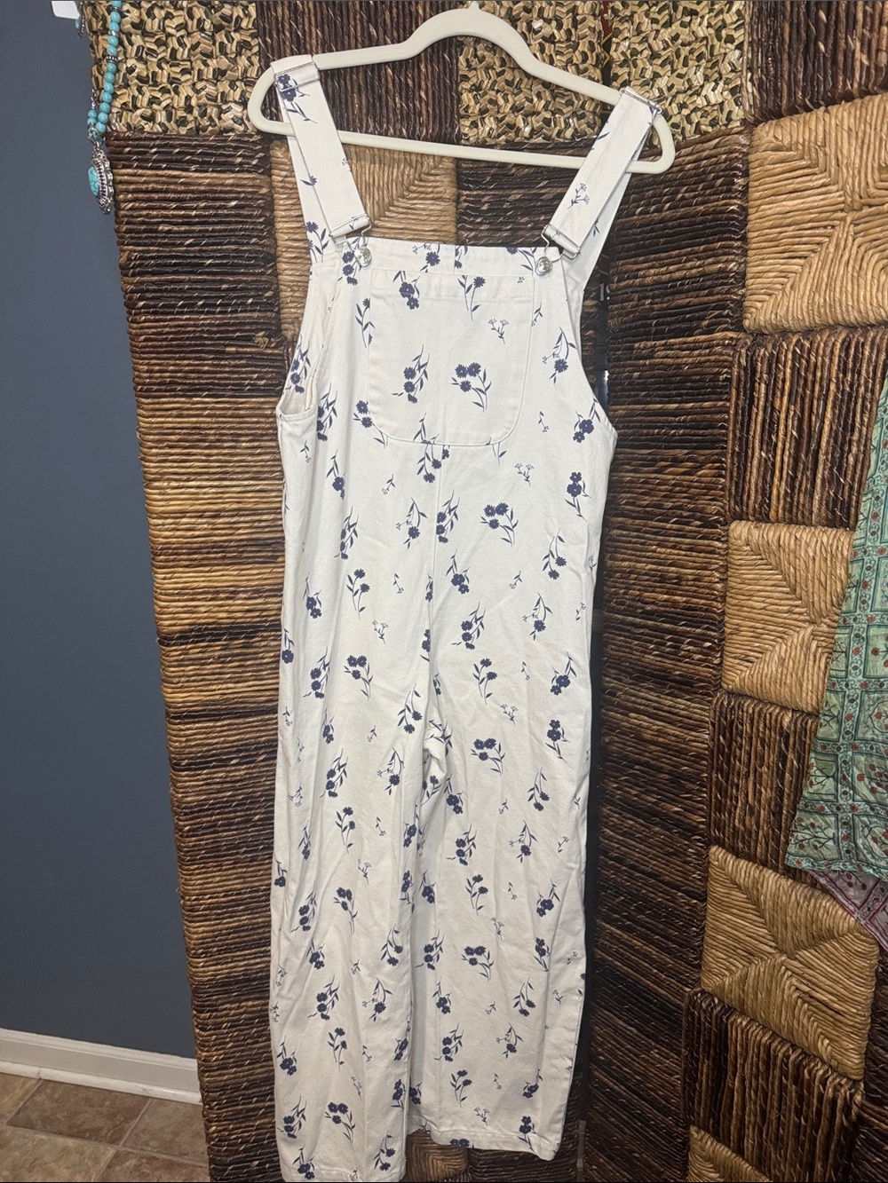 Zara White Overalls Jumpsuit with Navy Floral Print